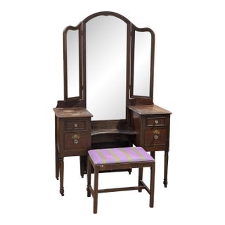Antique National Furniture Company Walnut Vanity, Mirror & Bench, Mount Airy Nc , 3 Pieces For Sale