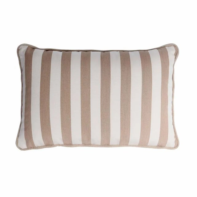 Contemporary Outdoor Happy Pillows Beige and White with Fringes and Piping, Set of 2 For Sale - Image 3 of 4
