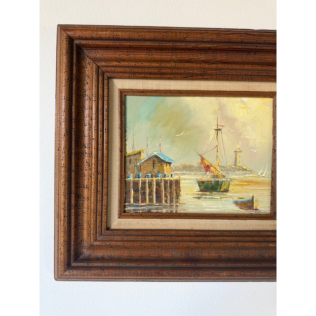 1960s 1960s Vintage Coastal Harbor & Lighthouse Oil Painting on Plywood – Framed For Sale - Image 5 of 13