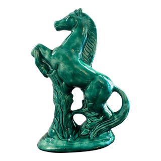 Vintage Emerald Green Ceramic Rearing Horse Sculpture For Sale