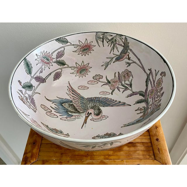 Large Chinoiserie Pale Pink Bowl With Crane For Sale - Image 10 of 10
