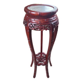 Vintage Chinese Carved Mahogany Marble-Top Pedestal Plant Stand For Sale
