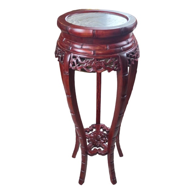 Vintage Chinese Carved Mahogany Marble-Top Pedestal Plant Stand For Sale