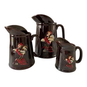 Mid Century Modern Redware Pottery Brown Rooster Pitchers - Set of 3