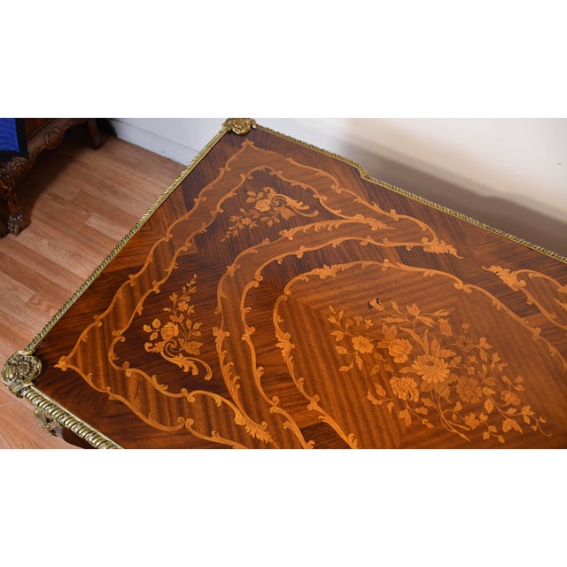 French 1900 Antique French Louis XV Walnut & Satinwood Inlay Writing Desk For Sale - Image 3 of 14