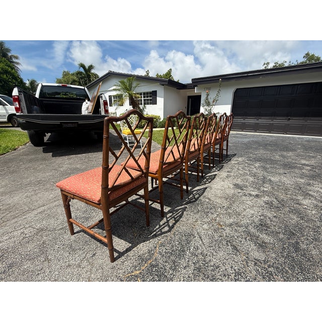 1980s Vintage Chinese Chippendale Faux Bamboo Wooden Dining Chairs Set of 6 For Sale - Image 5 of 9