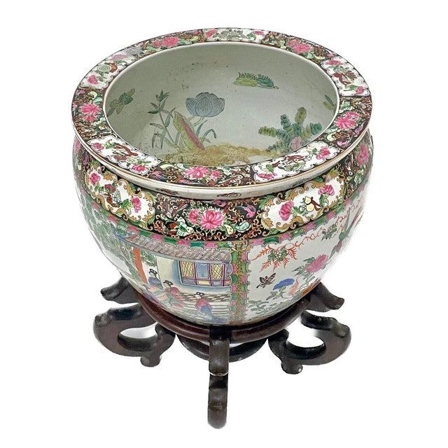 Chinese Vintage Chinese Floral & Scenic Fishbowl W/Stand For Sale - Image 3 of 12