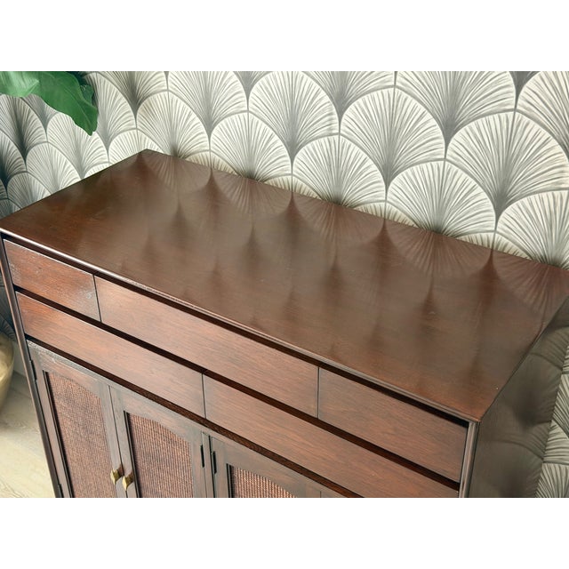 Vintage 1960s Mid-Century Modern Walnut Wood and Woven Rattan Highboy Chest Cabinet by R-Way For Sale - Image 12 of 16