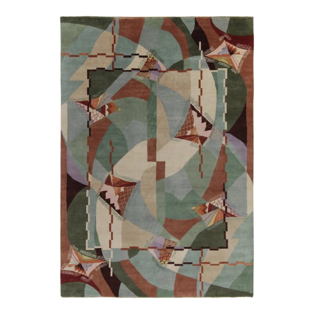 Rug & Kilim Chinese Style Art Deco Rug in Green, Blue & Brown Patterns - 8'x10' For Sale