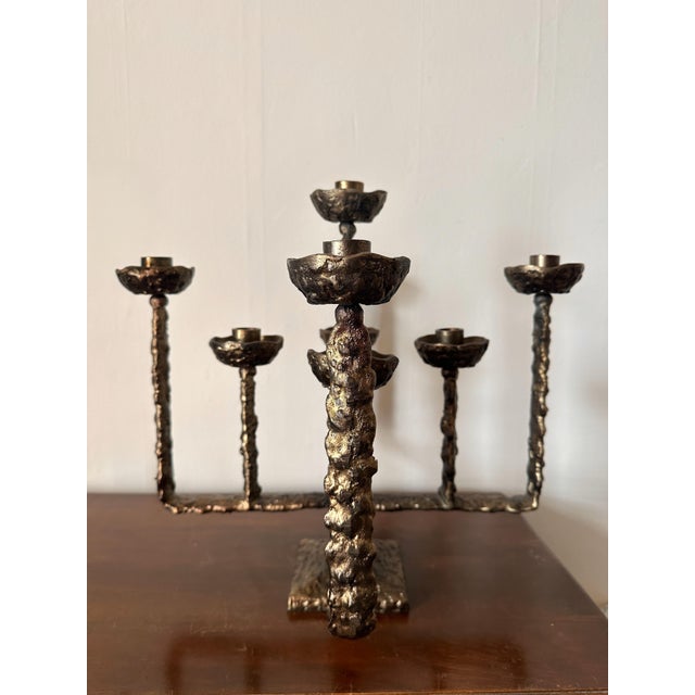 Brutalist Vintage Brass Brutalist 9 Candle Candleabra 18 X 18 X 18, in the Style of Pieter Adam For Sale - Image 3 of 11