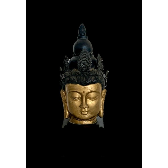 Gold Mounted Asian Gold Buddha Head on Black Pedestal For Sale - Image 8 of 10