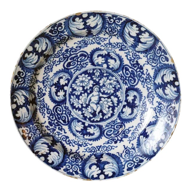 Dutch Delft Drie Posteleyne Astonne Pottery Blue and White Angel Plate For Sale