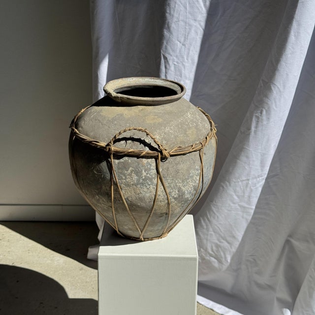 Rustic Large Light Grey Terracotta Pot with Rattan Handles and Crossbars, 1960s For Sale - Image 3 of 11