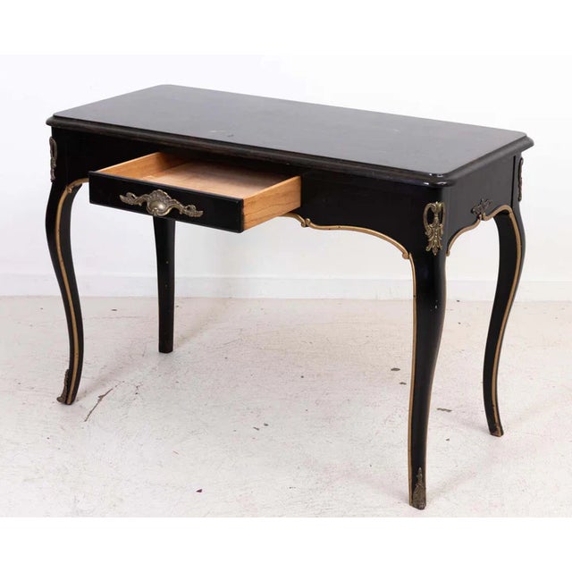 Late 20th Century Regency Style Ebonized Marble Top Desk With Brass Mounts For Sale - Image 5 of 8