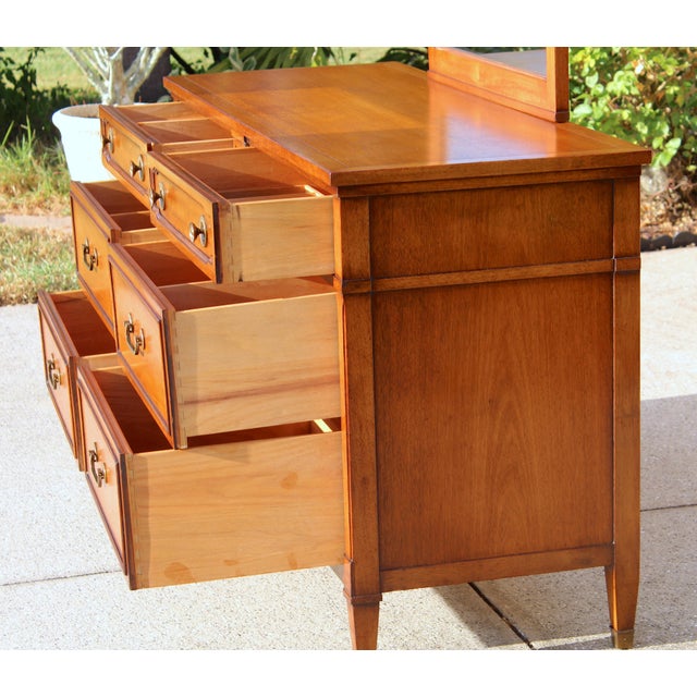 Wood Drexel Mid-Century Mahogany Lowboy Dresser With Matching Mirror - Vintage Solid Wood With Hidden Compartment For Sale - Image 7 of 18