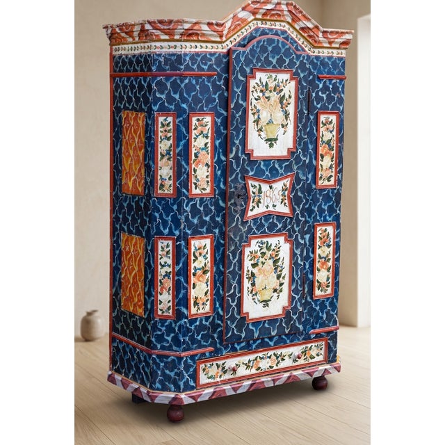 Blue Antique Baroque Folk Art Hand-Painted Cabinet in Wood, Central Europe, 1865 For Sale - Image 8 of 18