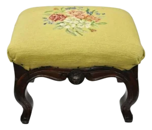 Antique Victorian Walnut Figural Lion Female Face Needlepoint Footstool Ottoman