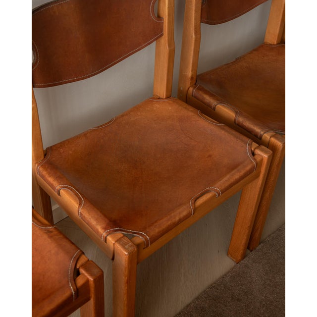 Brutalist Elm and Leather Dining Chairs from Maison Regain, 1970s, Set of 4 For Sale - Image 10 of 16