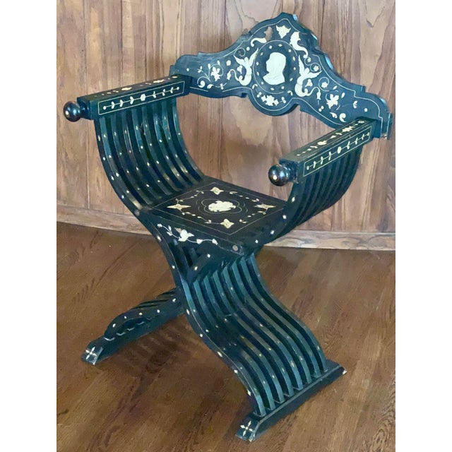 Black 19th-Century Antique Italian Renaissance Revival Inlaid Bone Savonarola Chair For Sale - Image 8 of 18