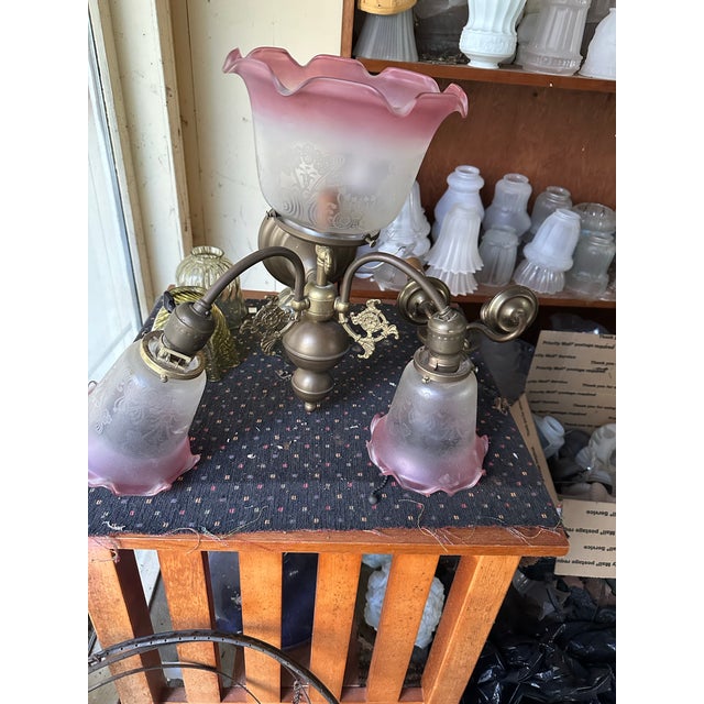 Vintage 3 Light Brass Wall Sconce With Vianne Gas/Electric Shades For Sale - Image 12 of 12