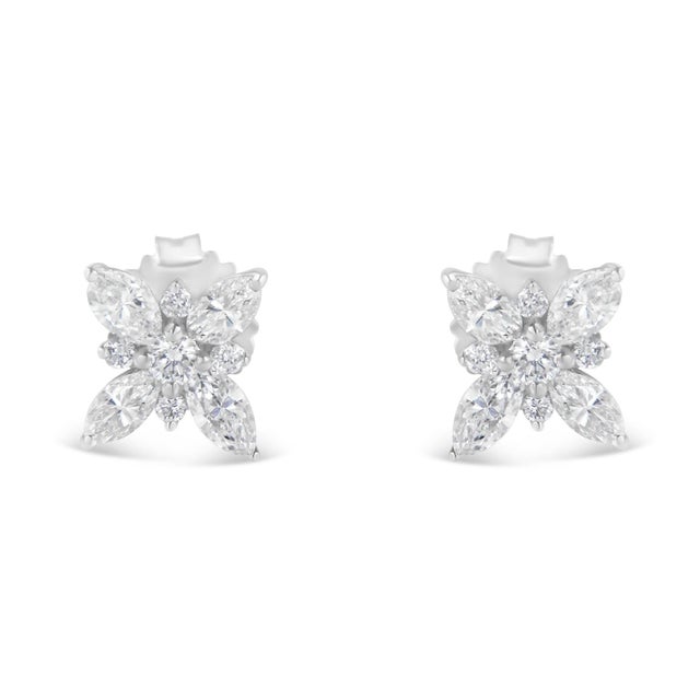 Haus of Brilliance 14K White Gold Marquise Diamond Flower Stud Earring (1.00 cttw, H-I Color, SI1-SI2 Clarity) For Sale - Image 4 of 5