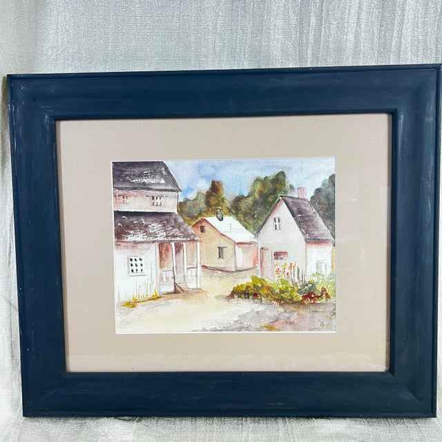 Contemporary Rustic European Cottage Village Landscape Watercolor Painting Framed Art - Signed by Unknown ARtist For Sale - Image 4 of 12