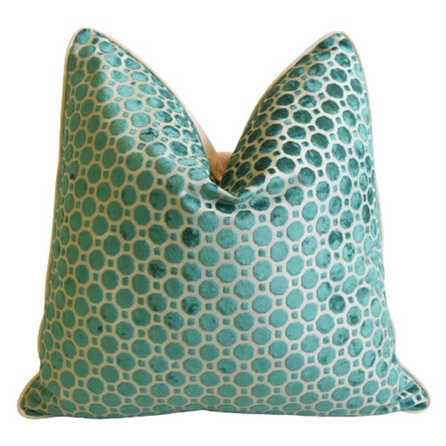 Emerald Green Geometric Modern Contemporary Velvet Feather/Down Pillow 22" Square For Sale - Image 4 of 6