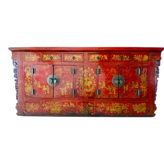Large Chinese Red Lacquered Sideboard With Hand Painted Chinoiserie Motifs For Sale