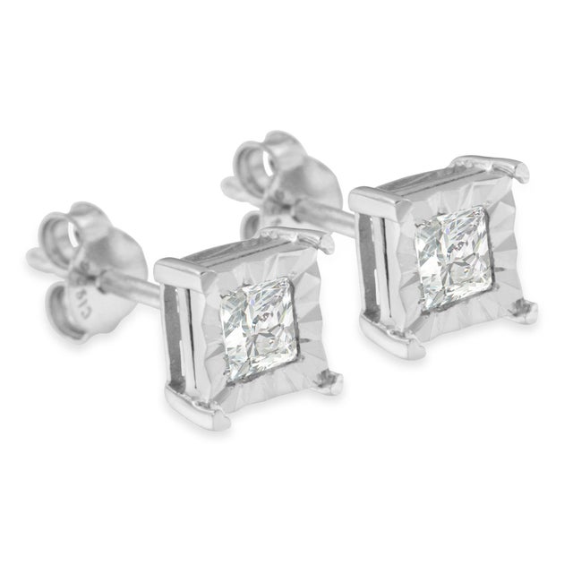 .925 Sterling Silver 1/2 Cttw Miracle Set Princess-cut Diamond Solitaire Stud Earrings, A Pair For Sale - Image 4 of 6