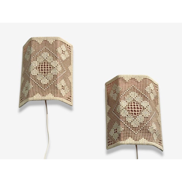 Late 20th Century Swedish Modern, Wall Sconces, Pink and White Crocheted Fabric, Sweden, 1970s For Sale - Image 5 of 8