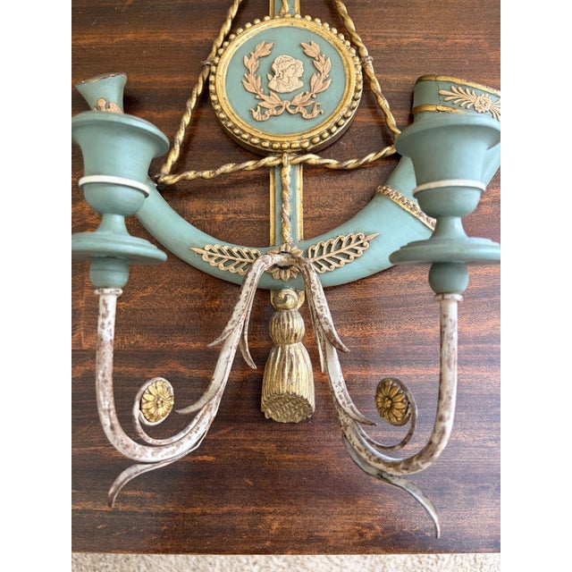 Pair of Italian Neoclassical Sconces in Celadon Green and Gilt For Sale - Image 13 of 16