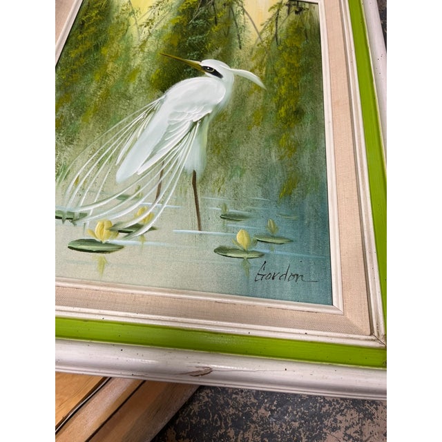 Textile 1960s Pair of Snowy Egret Framed Paintings by Gordon For Sale - Image 7 of 12