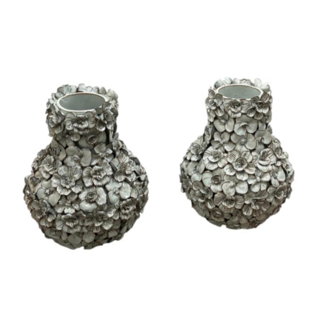 An exceptional pair of vintage Italian glazed ceramic statement vases showcasing an extraordinary, high-relief floral...