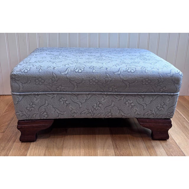 Mid 20th Century Mid 20th Century Biggs-Style Ottoman, Upholstered in Soft Blue Jacquard With Mahogany Base For Sale - Image 5 of 9