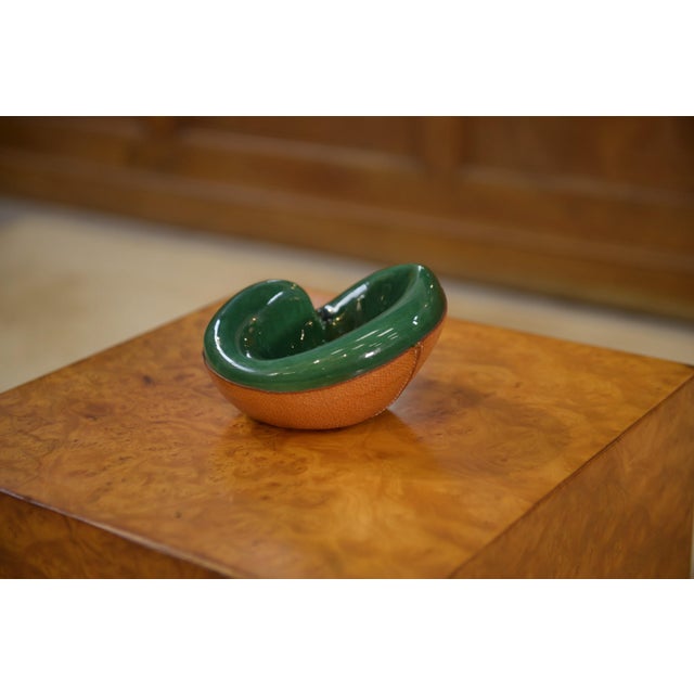 Brutalist Leather-Covered Ceramic Trinket Tray by George Jouve for Longchamp, 1960s For Sale - Image 3 of 9