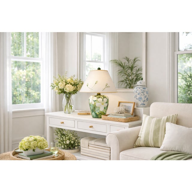 Vintage Hand-Painted Magnolia Floral Table Lamp With Painted Shade For Sale - Image 12 of 13