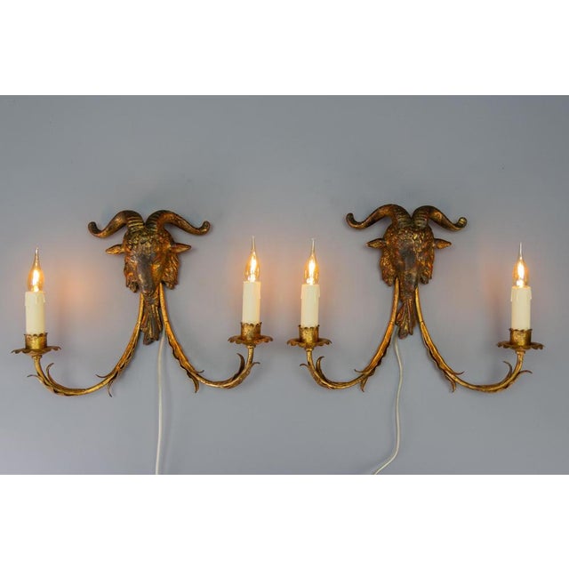 Brown Palladio Gilt Metal and Giltwood Rams Head Two-Light Sconces, 1960s, Set of 2 For Sale - Image 8 of 18
