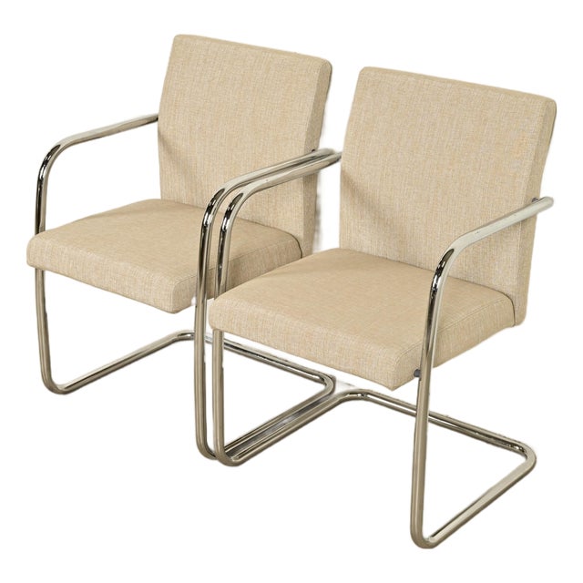 Mies Van Der Rohe Brno Style Mid-Century Modern Chrome Tubular Cantilever Club Chairs, Pair For Sale