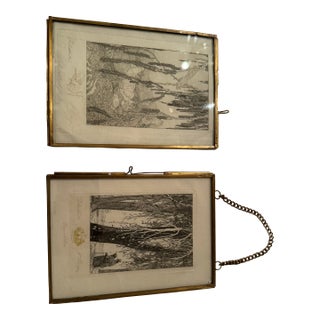 Pair of Antique Whimsical Framed French Signed Etchings For Sale