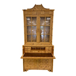 Rattan Bamboo Secretary Desk With Pagoda Top For Sale