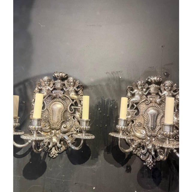 Metal 1900 Caldwell Silver Plated Sconces With Cherubs 3 Lights - a Pair For Sale - Image 7 of 12