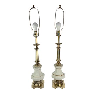 1960s Attributed to Stiffel Brass and Porcelain Table Lamps, a Pair For Sale