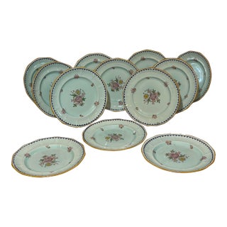 Set of 12 Calyx Ware Plates Chelsea Sprays Blue Multicolor by Adams From England, 1920s For Sale