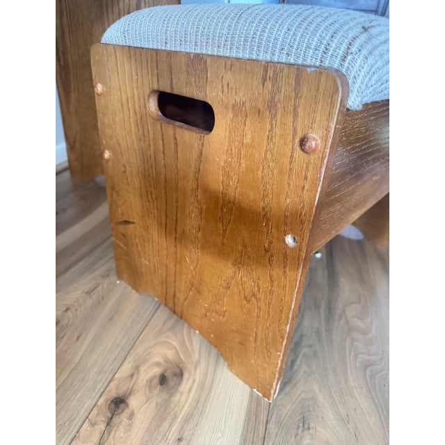 Mid 20th Century Oak Vanity Table With Lighted Adjustable Top Mirror and Upholstered Bench For Sale - Image 14 of 17