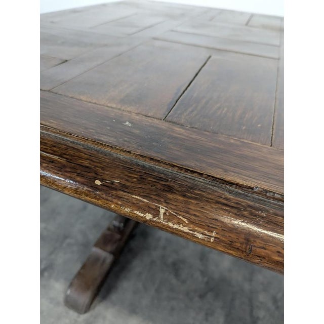 Brown Oak Farmhouse Table with Paneled Top and Lyre-Shaped Legs, 1940s For Sale - Image 8 of 10
