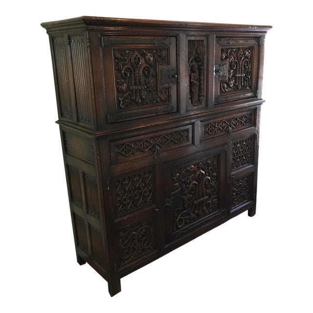 French Breton Carved Oak Carved China Cupboard For Sale