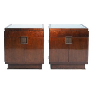 Art Deco Baker Walnut Veneered Nightstands in Copper and Cut Glass Accents, 1950s, Set of 2 For Sale