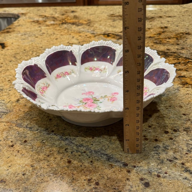 Art Nouveau Antique Rs Prussia Porcelain Bowl Iridescent Luster Pink Roses Scalloped Edge For Sale - Image 3 of 7