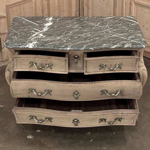 Sand Antique 19th Century Country French Louis XV Bombe Commode in Stripped Oak With Gray Marble For Sale - Image 8 of 18