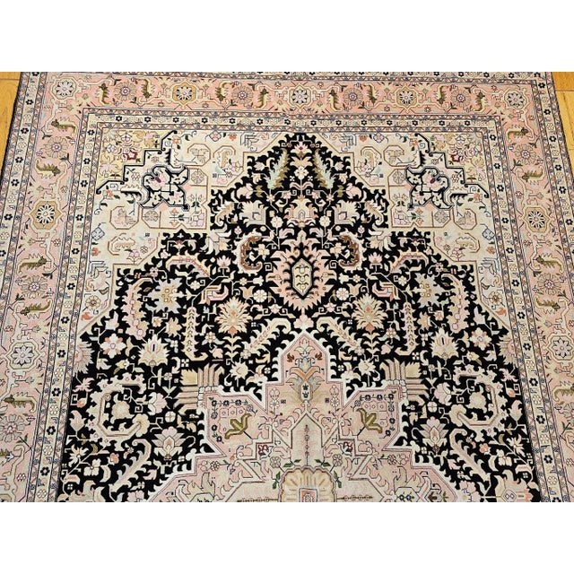 Vintage Persian Tabriz Heriz Rug, Geometric Pattern, Hand-Knotted Wool, Black & Ivory, 7’ X 10’ For Sale - Image 10 of 12